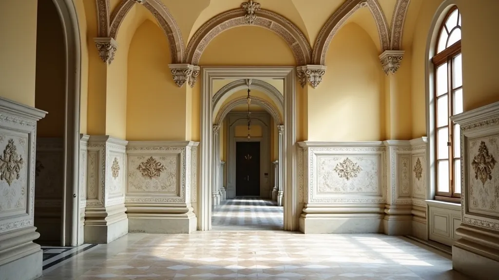 Elegantní architektonické detaily lázeňské stavby s keramickými obklady a vitrážemi