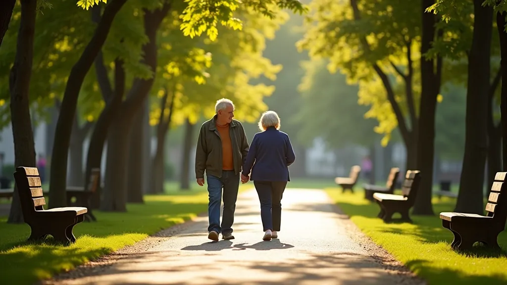 Seniorský pár procházející se v parku Františkových Lázní s kolem a odpočinkovou lavičkou v pozadí