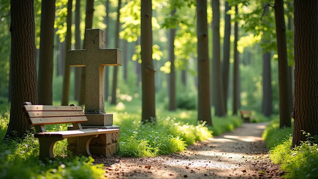 Křížová cesta mezi borovicemi s kamenným křížem a lavičkou pro odpočinek