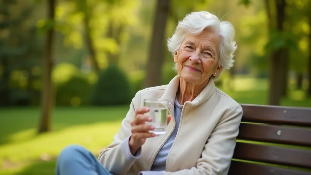 Seniorka v pohodlném oblečení sedí na lavičce v parku Františkových Lázní se sklenicí minerální vody